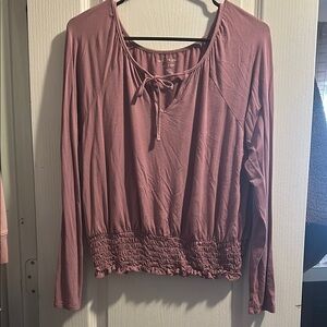 Pink Long Sleeve Blouse with Tie Front and Smocked Waist